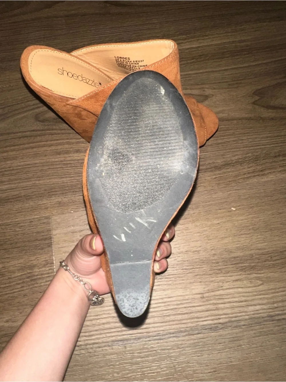 Shoe Dazzle Tan Suede Platform Wedge Mules